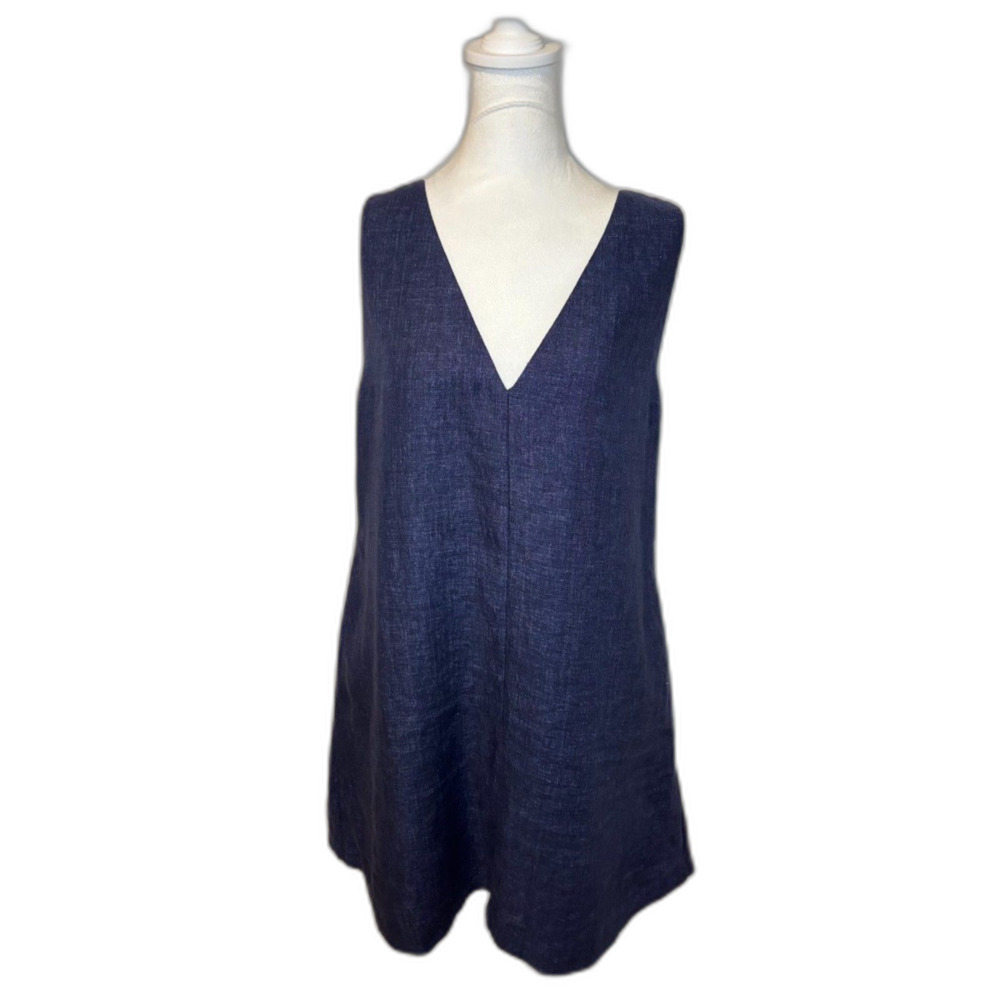 Theory Navy Blue Linen Denim Blend V-Neck Tunic Top Relaxed Fit Sleeveless
